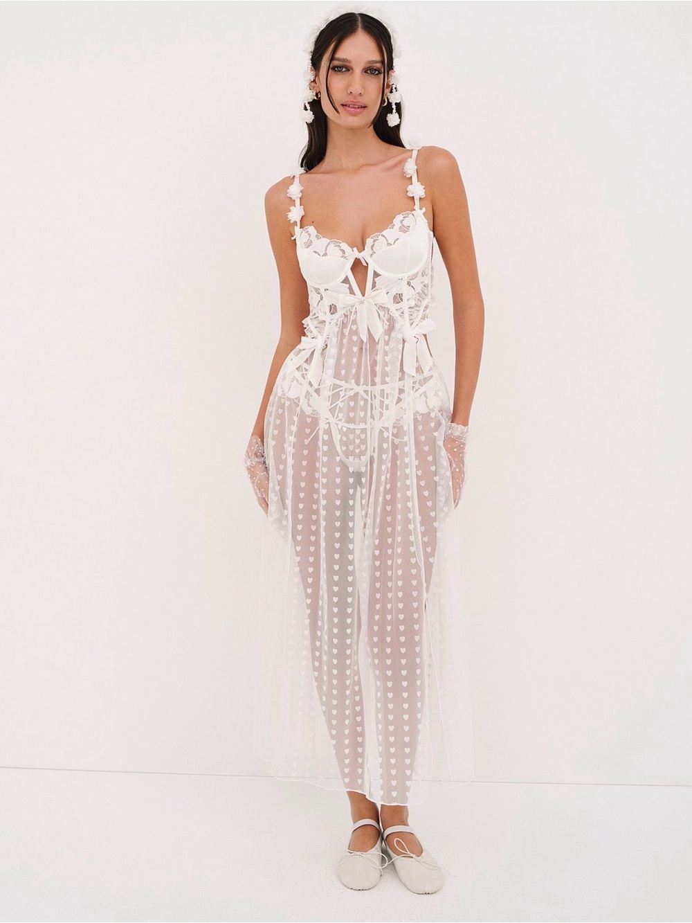 For Love And Lemons Amore White Sheer Lace Heart-Print Bridal Slip Dress XS - Picture 2 of 14